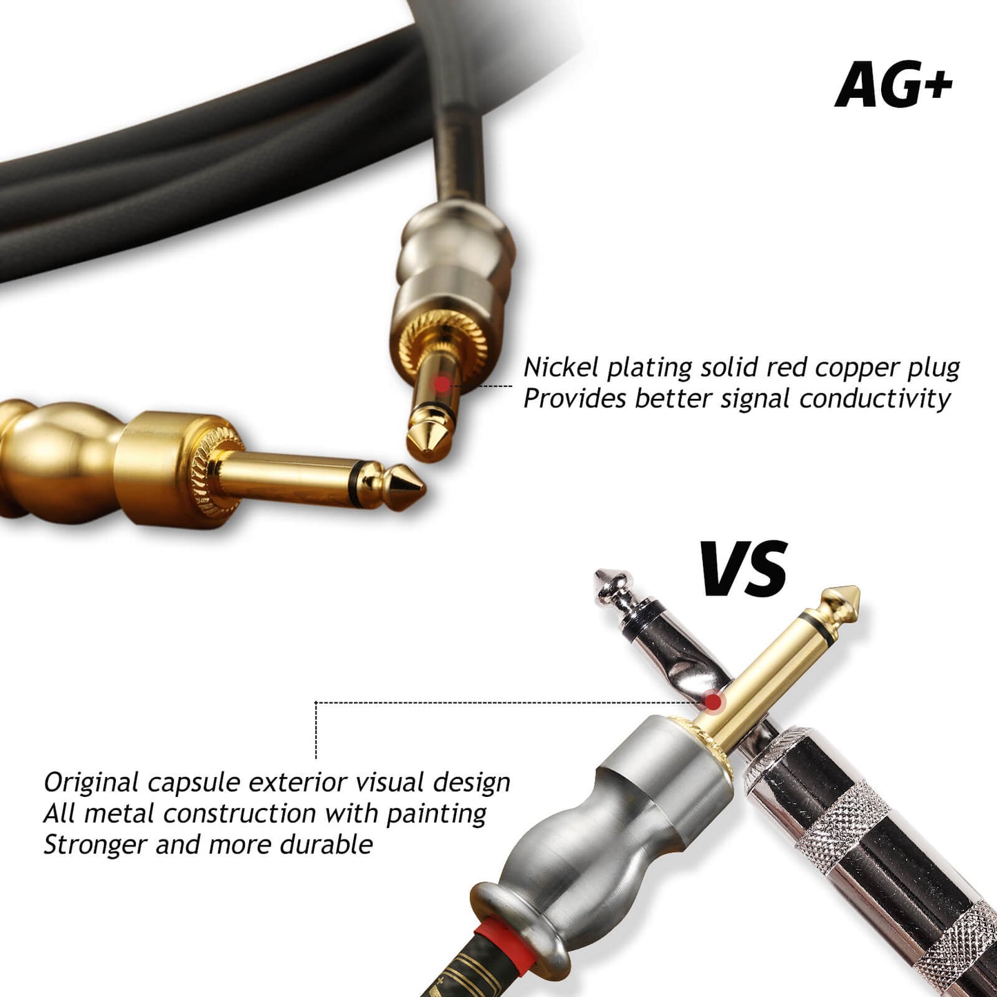 Uncle Crazy Guitar Cable, 20 AWG Electric Instrument Cable, Amp Cord for Guitar Bass Amplifier, Straight-Straight Angle, ¼ Inch (6.35mm) Connectors (AG+ Gray)