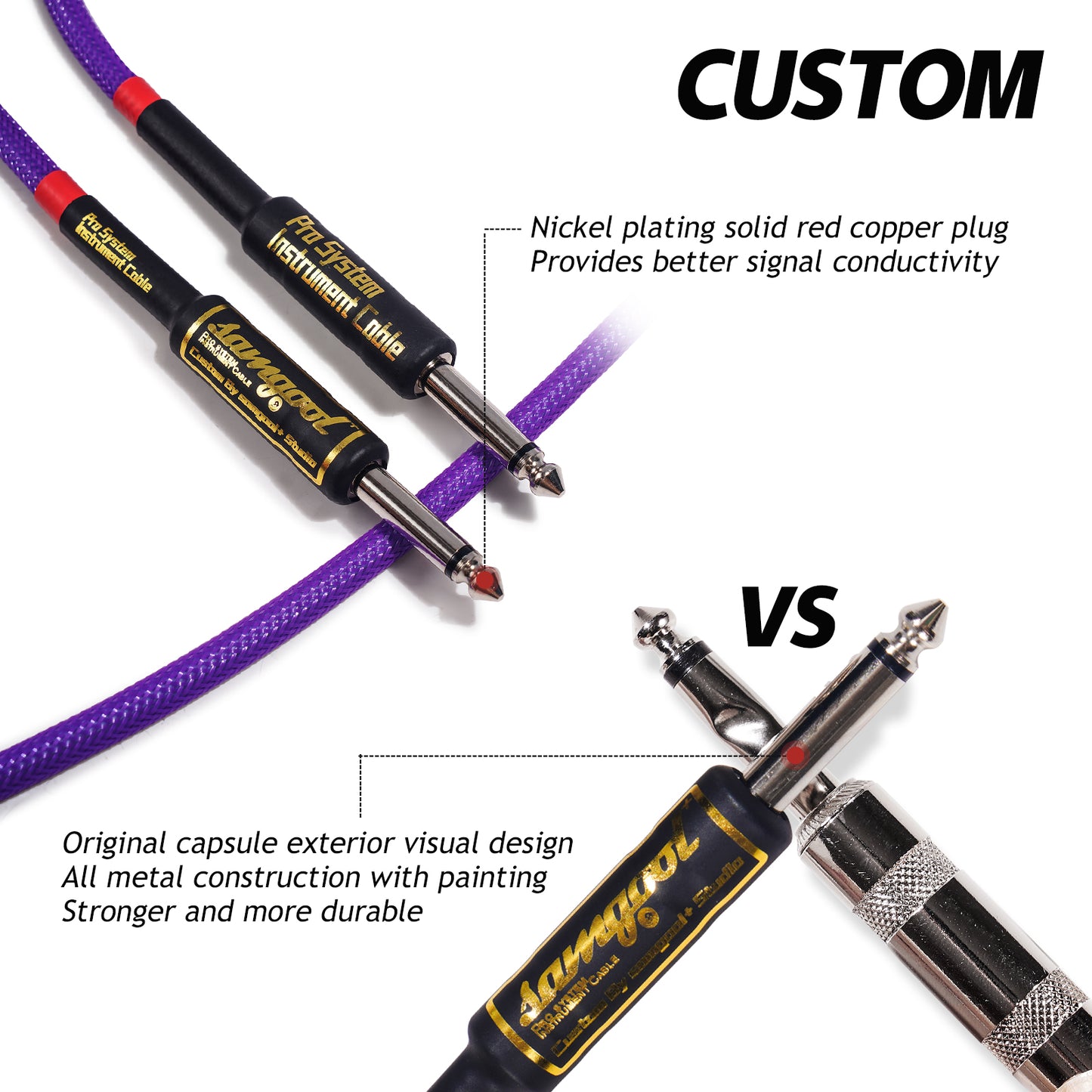 Uncle Crazy Guitar Cable, 24 AWG Electric Instrument Cable, Amp Cord for Guitar Bass Amplifier, Straight-Straight Angle, ¼ Inch (6.35mm) Connectors (CC Purple)