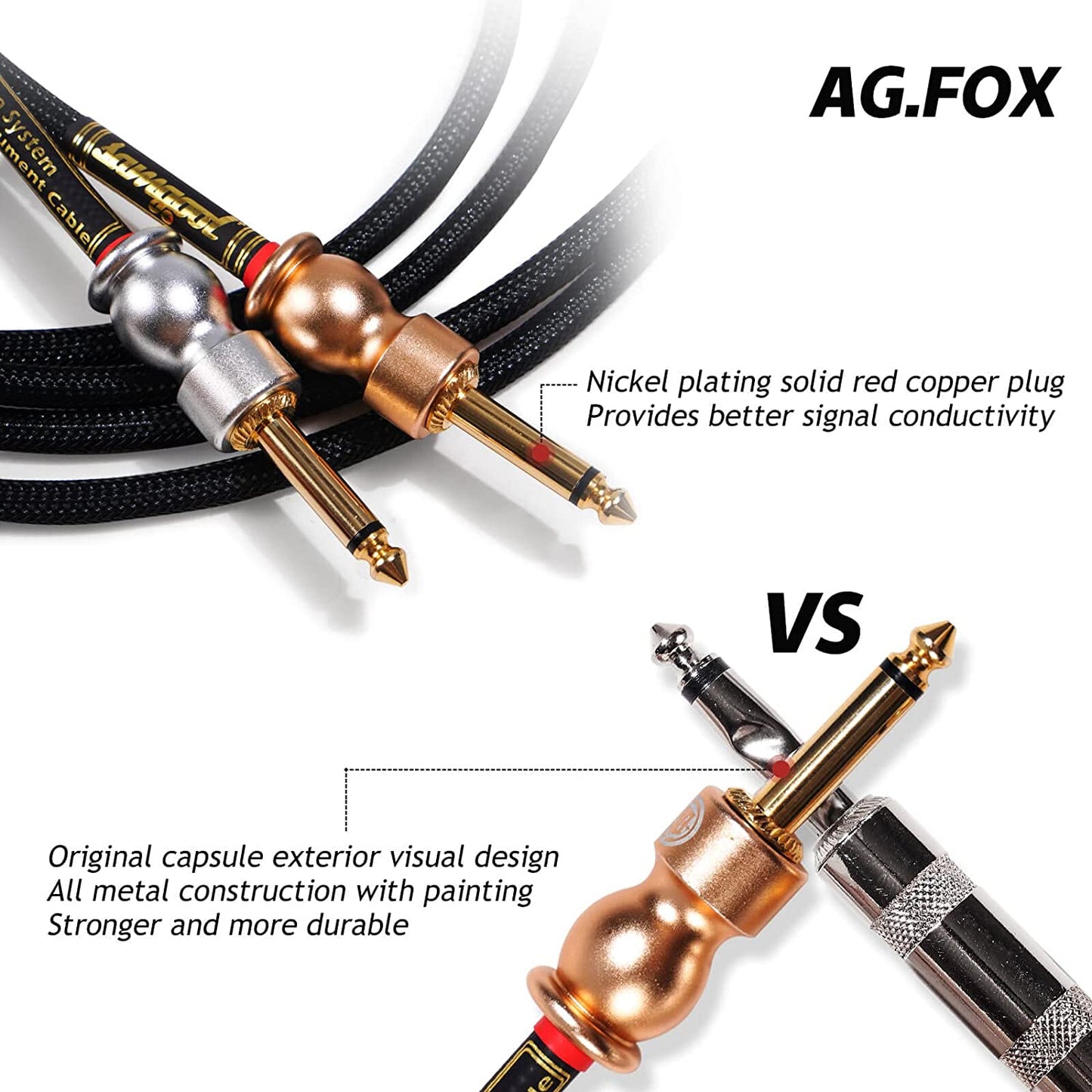 Uncle Crazy Guitar Cable, 20 AWG Electric Instrument Cable, Amp Cord for Guitar Bass Amplifier, Straight-Straight Angle, ¼ Inch (6.35mm) Connectors (AG Fox)